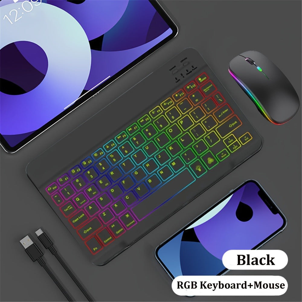 Wireless Keyboard and Mouse Combo Ultra-Thin Backlit Rechargeable Type-C Silent Keys Optical Mouse Portable for PC Laptop Tablet iPad QWERTY Layout Breathing Light Effect