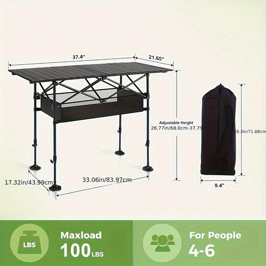 Roll-Up Folding Camping Table with Carry Bag, Black Large and Plus Size