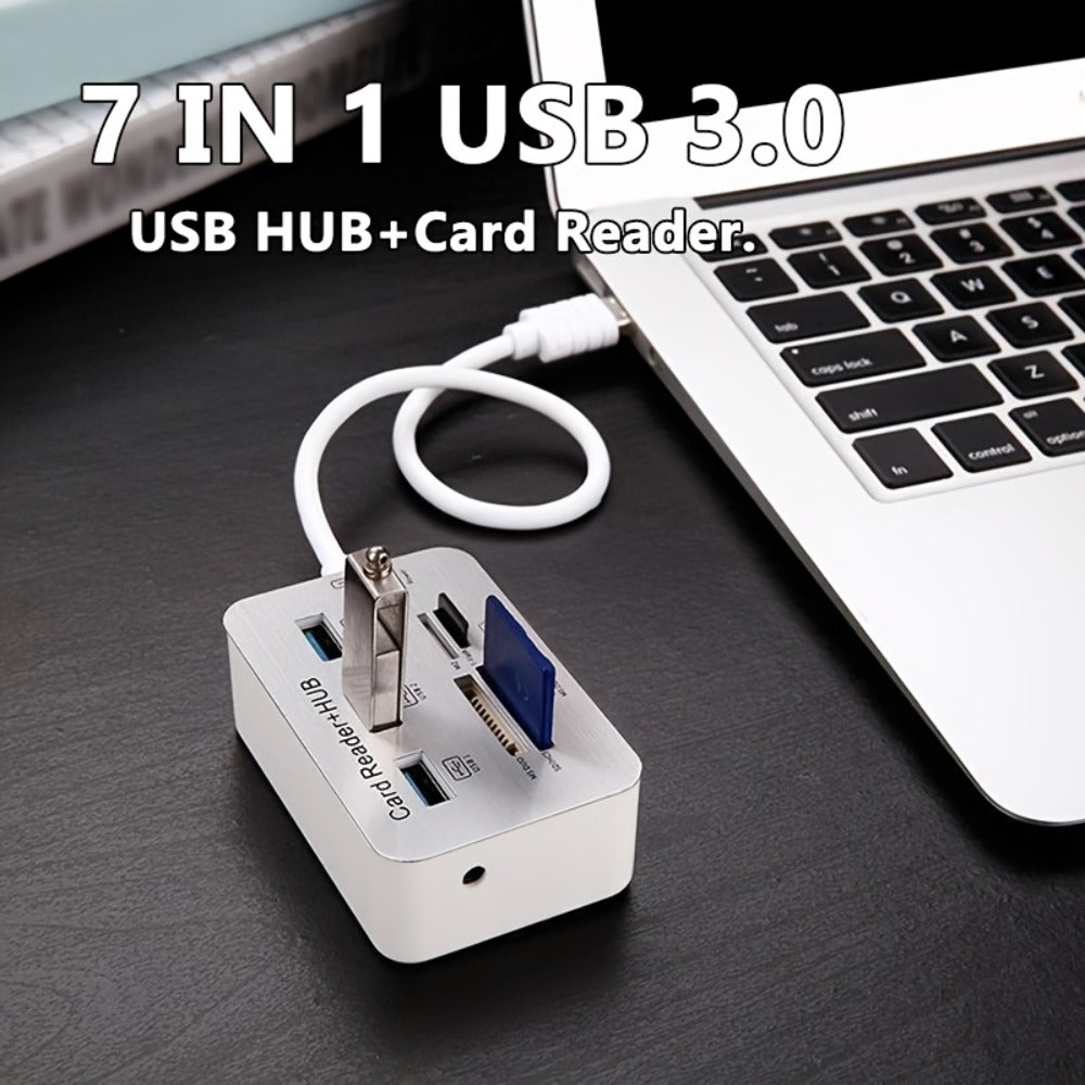 7-in-1 USB C Hub with SD TF MS M2 Memory Card Reader Adapter – 3 & 4 Port USB 3.0 Extender for PC, Laptop, MacBook, Mouse, Keyboard, Flash Drive, MMC