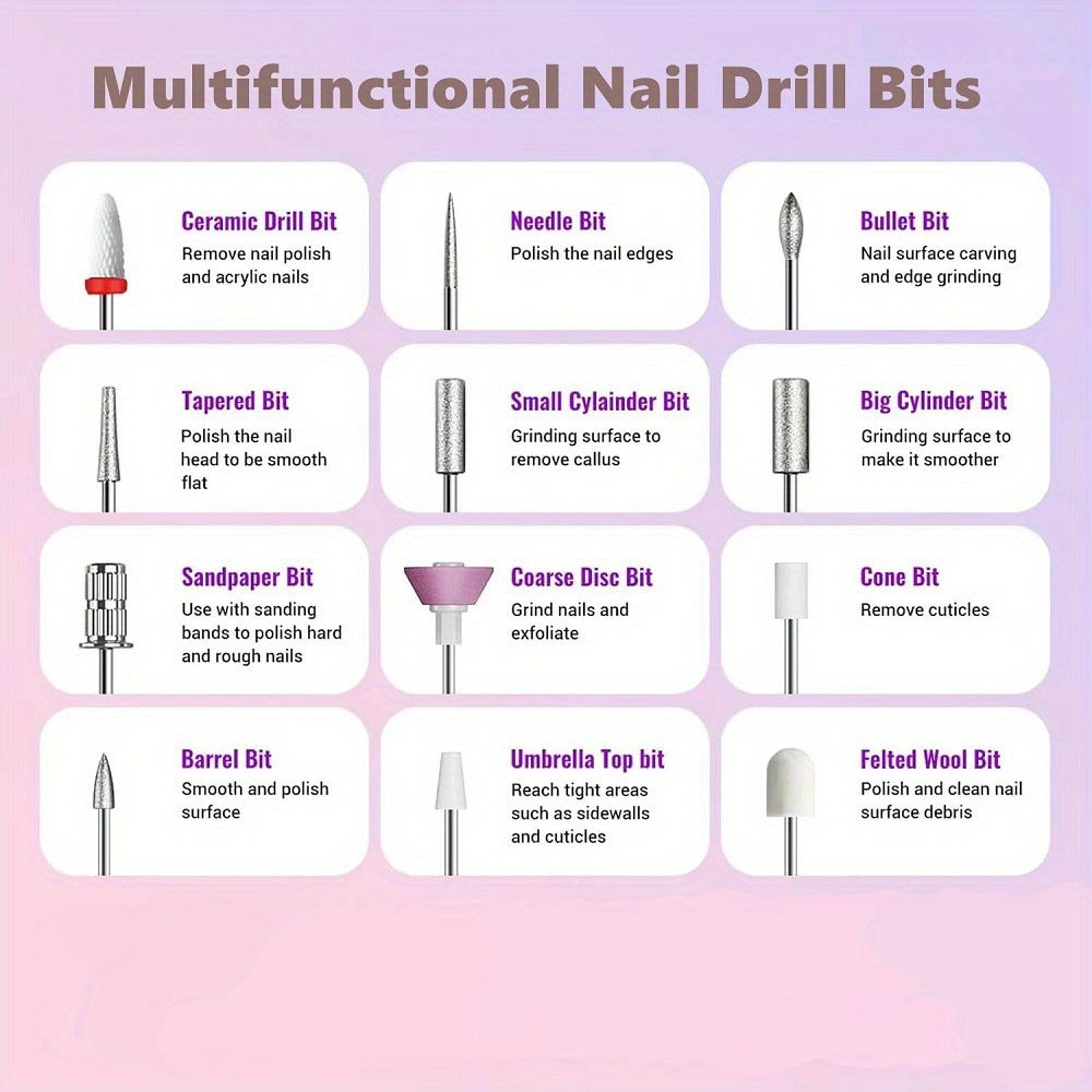 Electric Nail Drill Cordless USB Rechargeable 12 Bits Sanding Bands Manicure Pedicure Kit Low Noise Portable Pen Style Home Salon Beginner Professional Golden White