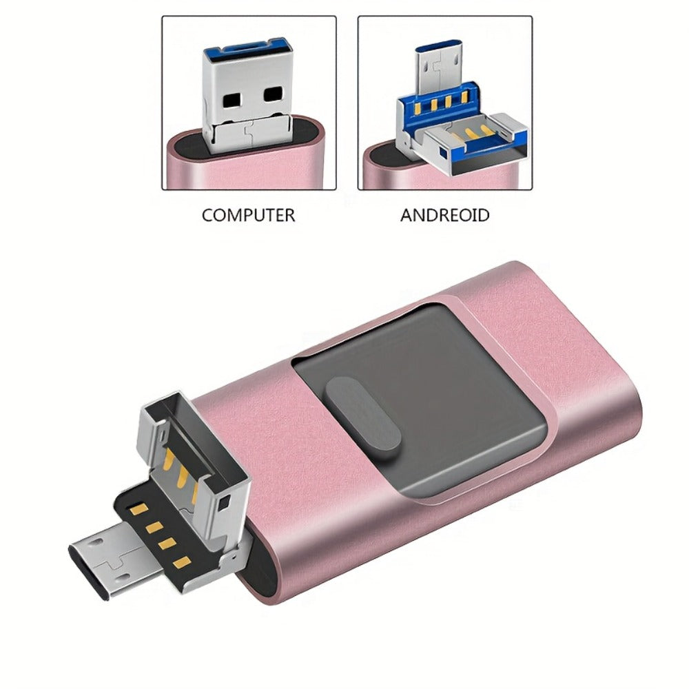 4-in-1 Flash Drive for iPhone iPad Android Type-C PC – OTG USB 3.0 Photo Stick 128GB 256GB Memory Stick Thumb Drive, Lightning Micro USB USB-C USB-A, Golden Silver Pink Black