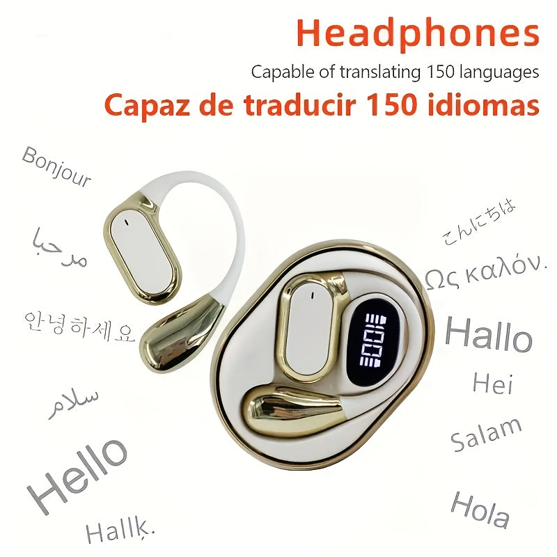 Open-Ear AI Translation Earbuds 156 Languages Real-Time Two-Way Translator Bluetooth 5.4 No-Latency Music Touch Control LED Display Type-C Charging with Lanyard