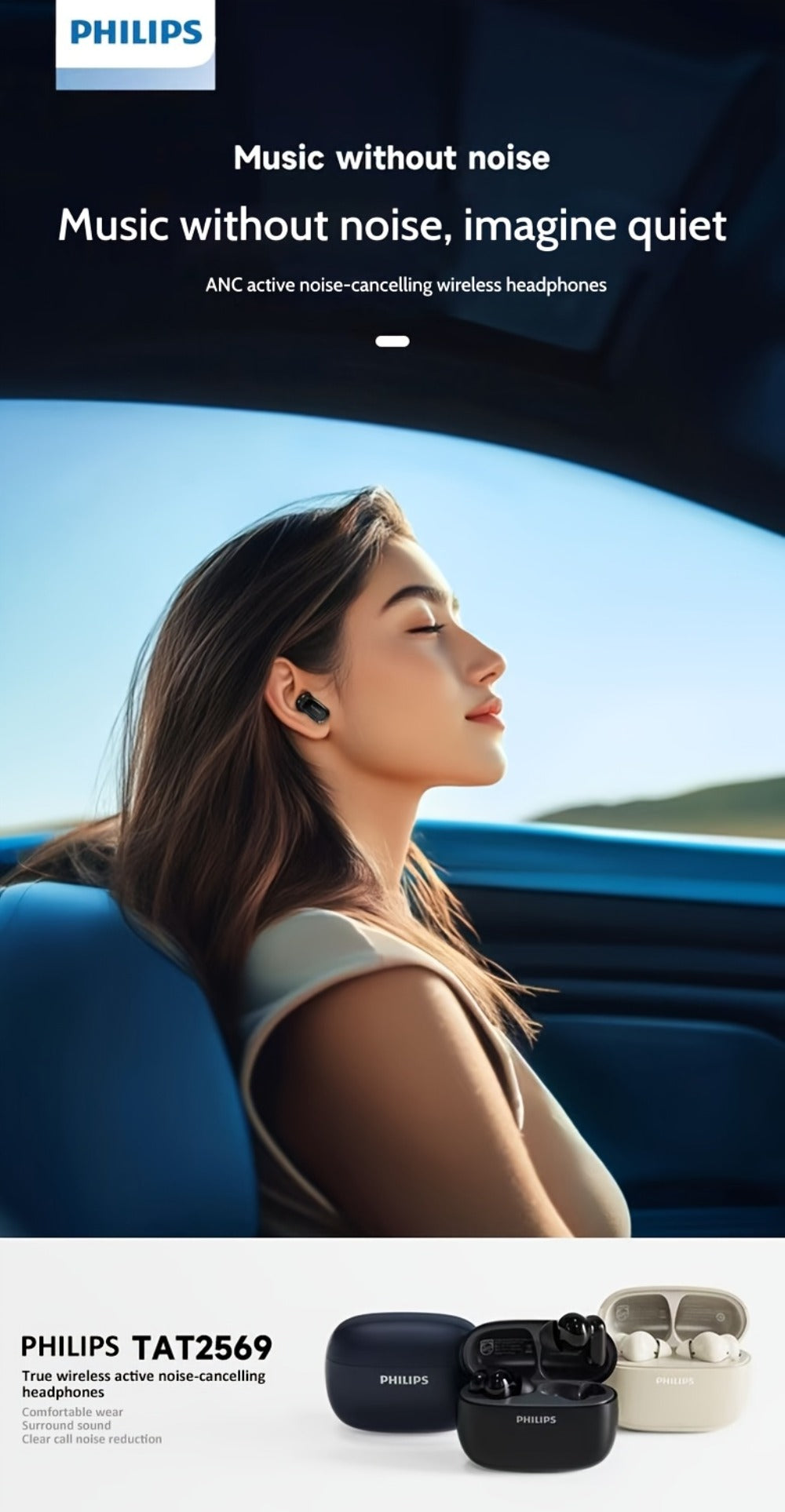 Philips TAT2569 Active Noise Reduction Wireless Earbuds, Dual Beamforming Mics 18H Playtime Bluetooth 5.4, Touch Control Secure Sport Fit Type-C Charging, Compatible with iPhone Android, Gift for Men Women
