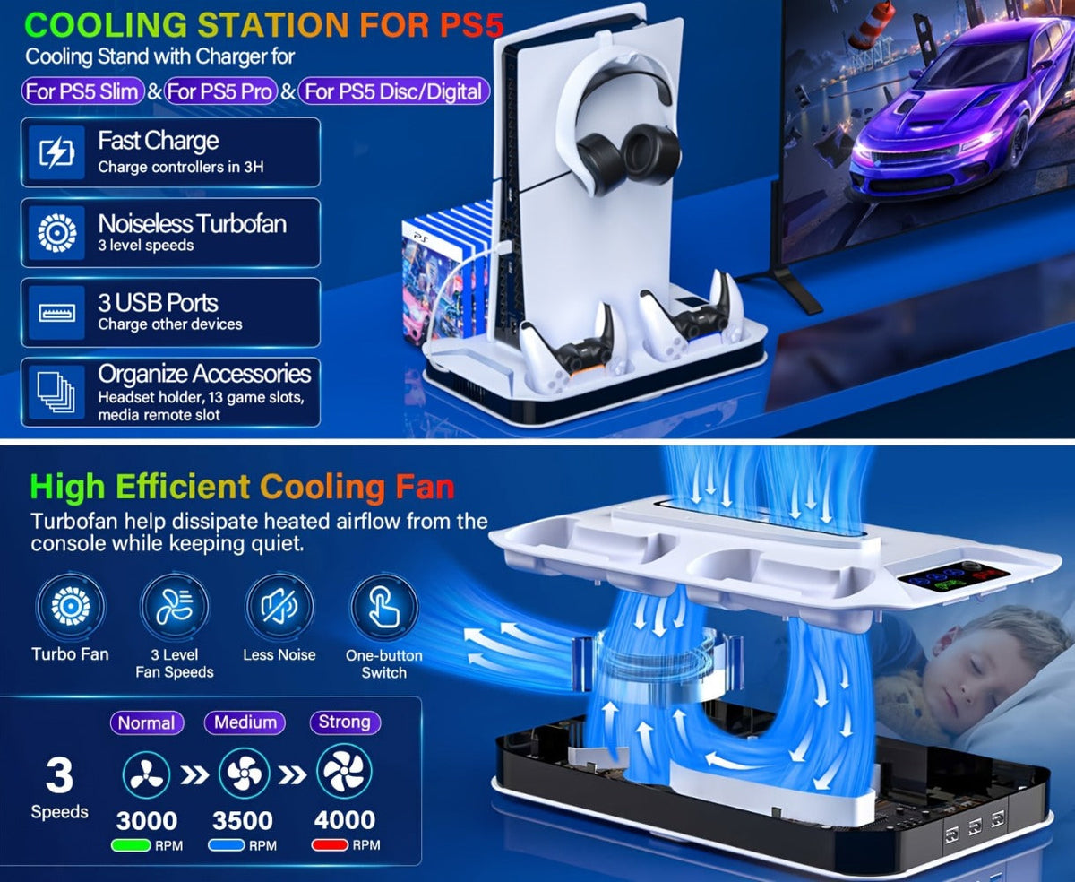 PS5 Cooling Station with USB Hub & Dual Controller Charging Dock for PS5/Slim/Pro, PlayStation 5 Stand Cooler with 3 USB Hubs, Headset Holder, Cooling Fan, Fits Disc & Digital Edition