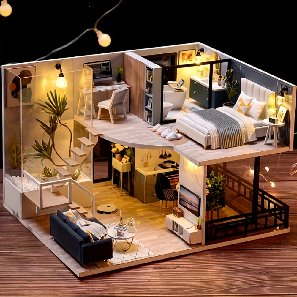 Two-Story Wooden Cottage 3D Puzzle Kit with Furniture and Tools