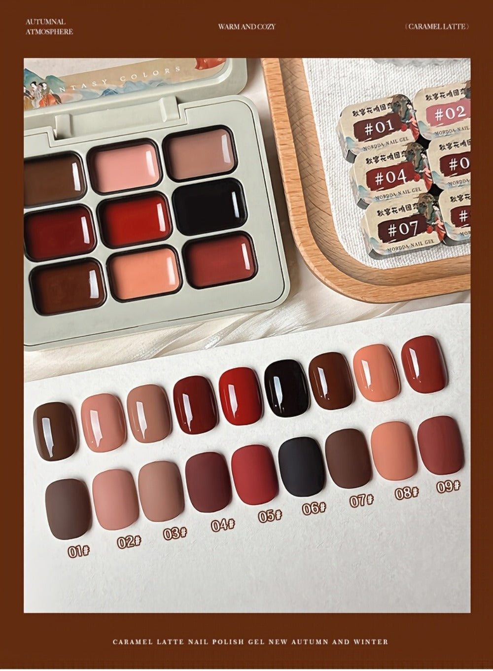 Gel Nail Polish Set 9 Colors Autumn Harvest High Saturation Soak-Off LED — Alcohol-Free Long-Lasting Solid Gel Polish Kit with Light Therapy Pen for Salon & Home Manicure