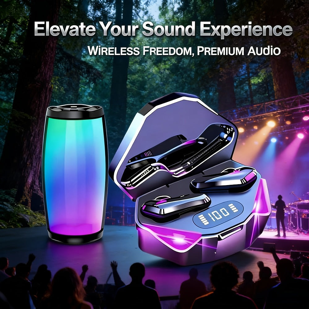 Gaming Headset Bundle Set Glowing LED Headphones Bluetooth Speaker Wireless Earbuds Surround Sound Touch Control 3-4 Piece Combo Gift Set with Free Watch for Teens Gamers
