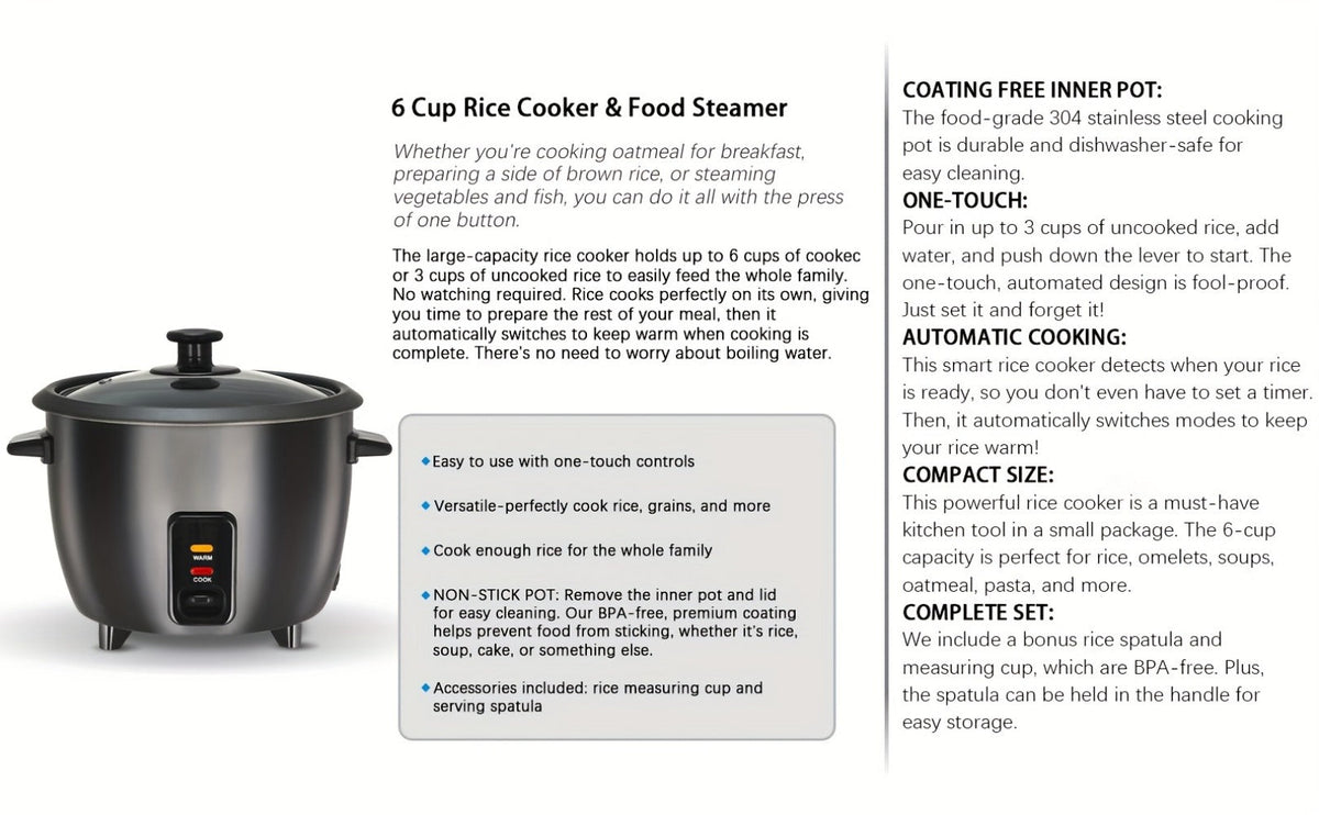 Rice Cooker & Yogurt Maker 3-Cup Nonstick – 1.5Qt Multicooker with Auto Keep Warm, One-Touch Operation, Stainless Steel Inner Liner & Steamer for Grain, Oatmeal & More