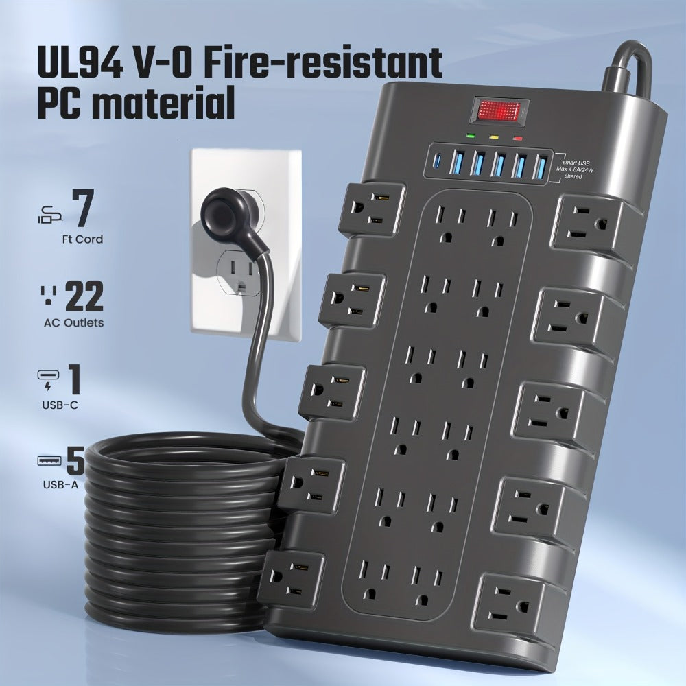 Gaming Room Surge Protector Power Strip 28-in-1 with 22 AC Outlets 6 USB Ports 24W 2100 Joules 1875W 15A Flat Plug Wall Mount Switch 5 7 13ft Extension Cord for Home Office Dorm Gaming Setup – Black