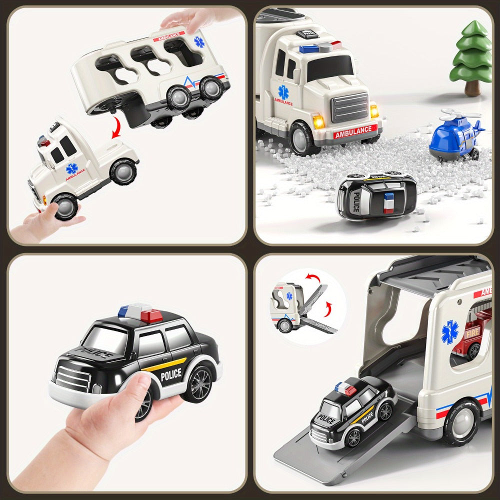 Ambulance Carrier Truck Toy Set, 5-in-1 Emergency Vehicle Playset with Lights & Sounds