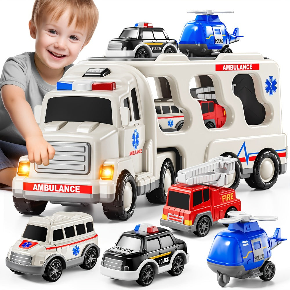 Ambulance Carrier Truck Toy Set, 5-in-1 Emergency Vehicle Playset with Lights & Sounds