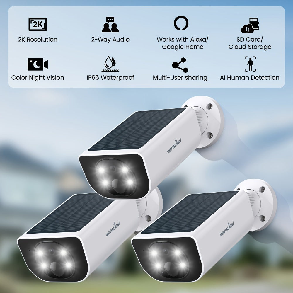 Wansview 2K Solar Outdoor Security Camera, Alexa & Google Home Compatible, Dual Night Vision Color & IR, PIR AI Human Body Detection, IP65 Weatherproof, SD & Cloud Storage – Wire-Free Smart CCTV