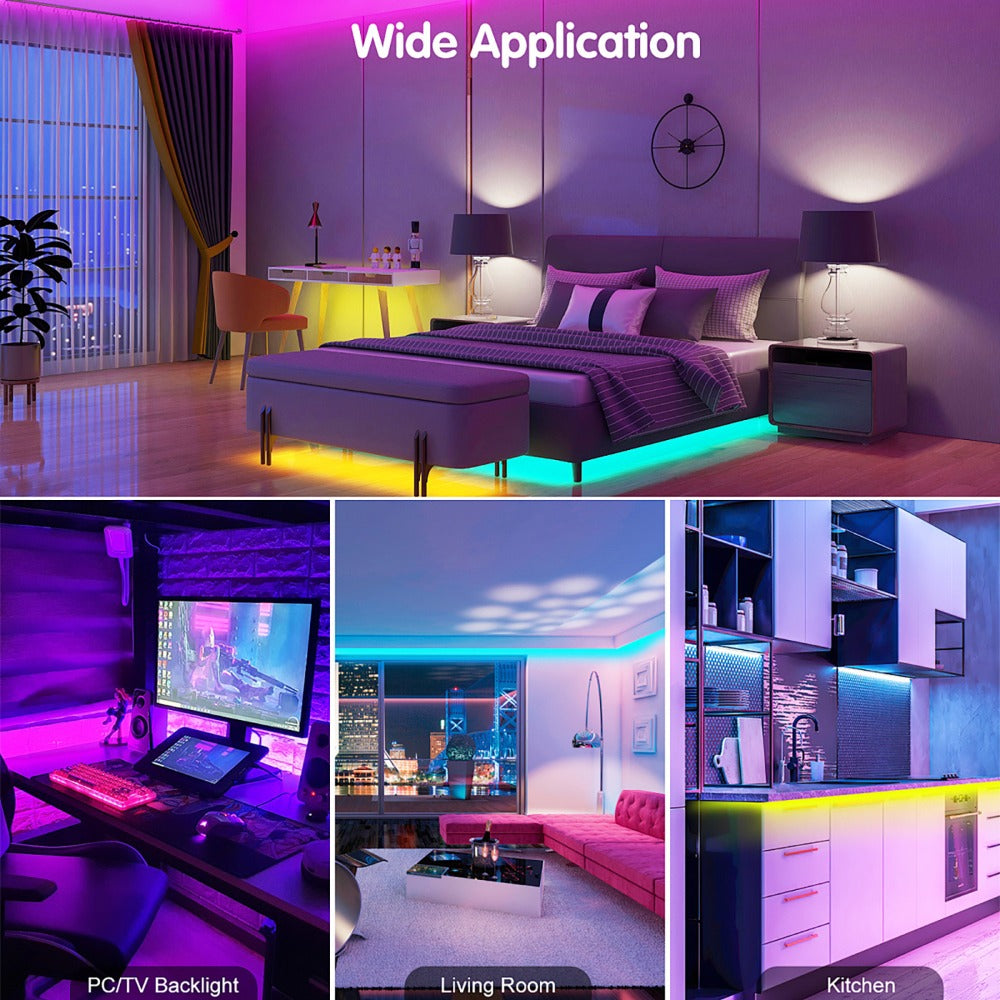Music Sync LED Strip Lights with APP & 24-Key Remote - RGB Color Changing Built-in Mic USB Plug-and-Play 100FT 130FT 200FT for Bedroom Gaming Room Party Holiday Home Decoration