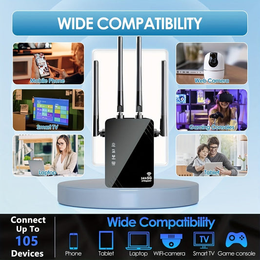 10000 Sq Ft WiFi Extender 1200Mbps 4-Mode - Dual Band 2.4GHz & 5GHz, 4 Antennas 360° Coverage, 6X Signal Boost, Penetrates Walls, 35 Devices, Repeater Access Point Router WISP, 1-Tap Setup, Black