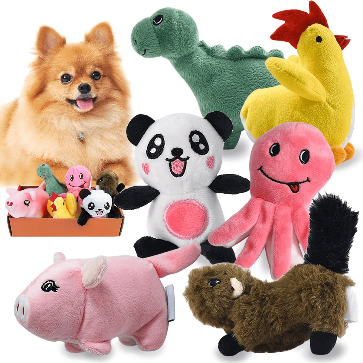Stuffed Squeaky Dog Toys for Small Dogs 6 or 12 Pack Cute Cartoon Plush Chew Toy Bulk Set with Squeakers - Soft Pet Toy for Puppies & Small Medium Breeds