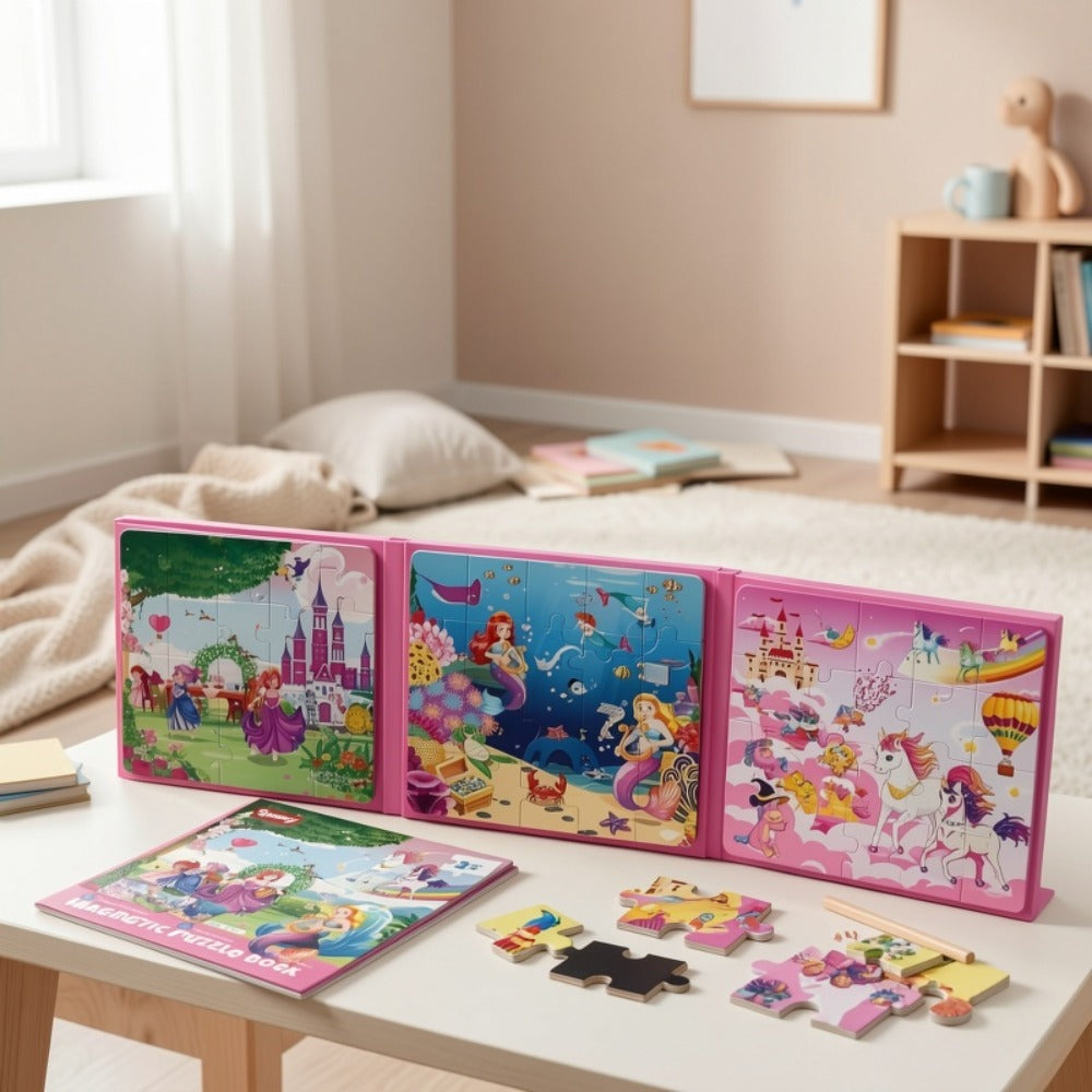 3-in-1 Magnetic Puzzle Book, Unicorn, Mermaid & Princess Themes
