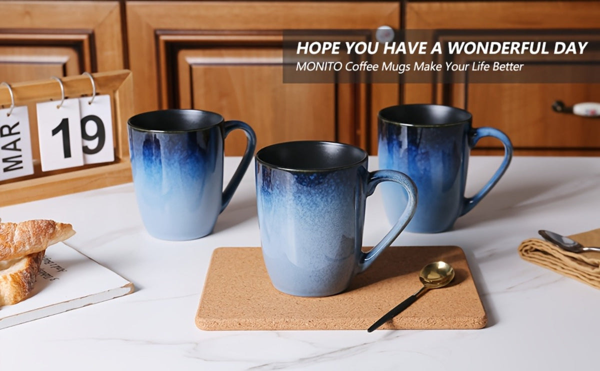 Gradient Blue Ceramic Mugs Set of 6 – 14 Oz Reaction Glaze Coffee Mugs – Durable Stain-Resistant Unique Design – Perfect for Coffee, Tea & Gifting at Weddings, Parties & Holidays