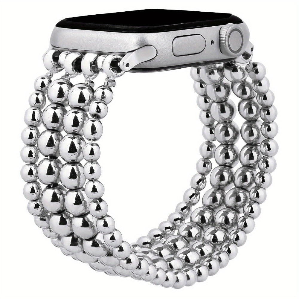 Stainless Steel Beaded Apple Watch Band Handmade Elastic Stretch Bracelet No-Buckle Slip-On Strap for Series 1-11 SE Ultra 38mm 40mm 41mm 42mm 44mm 45mm 46mm Women Girls Silver Rose Gold Silvery Grey