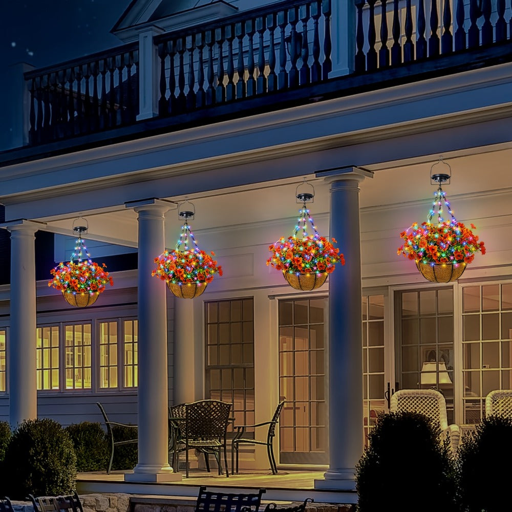 Solar Hanging Flower Basket with RGB String Lights – 10 Inch Artificial Flowers, Dusk-to-Dawn Auto On, Waterproof Outdoor Decor for Patio, Garden, Balcony & Front Porch | Pink Purple Orange