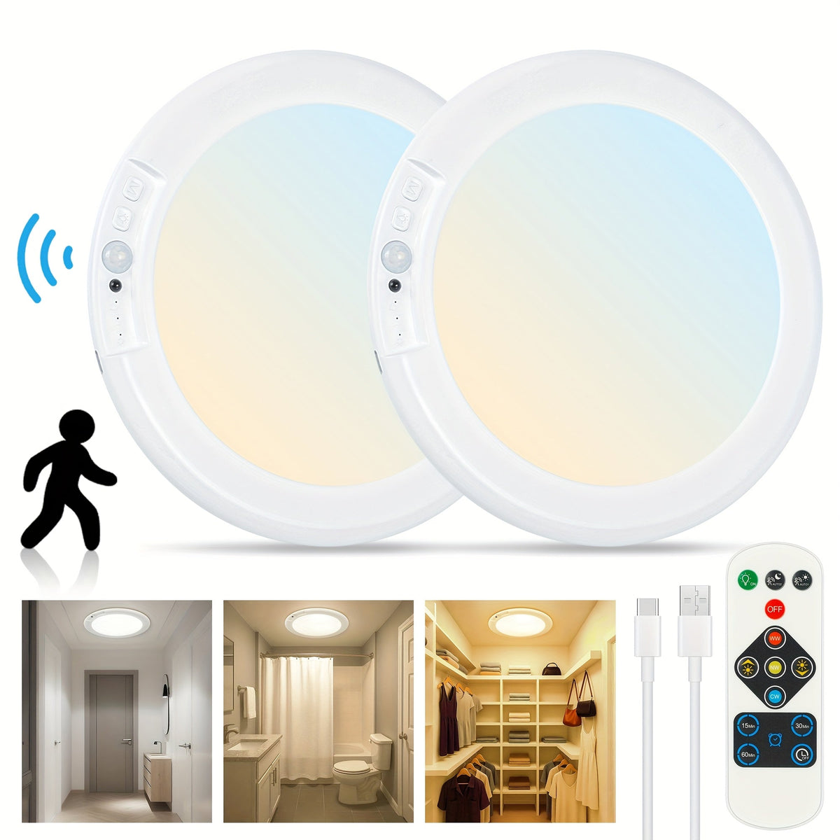 Rechargeable LED Ceiling Light with Motion Sensor – Remote Control Dimmable, 3 Color Temps 3000K/4500K/6500K, 10 Brightness Levels, Battery Operated Closet Light for Bathroom Hallway Pantry Porch