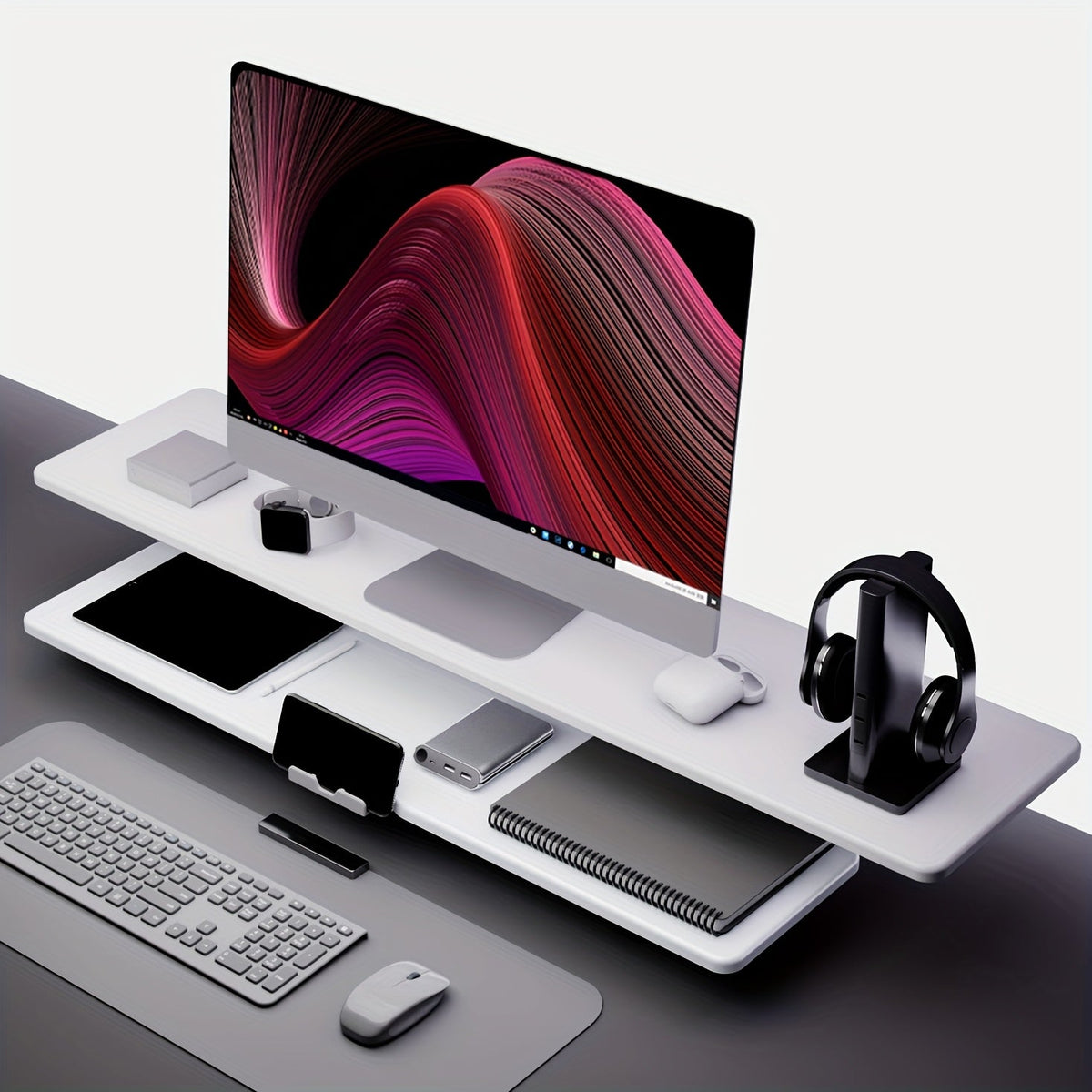 Dual Monitor Stand Riser with Storage E-Sports Style, Adjustable Height Ergonomic Desk Organizer with Cable Management, Modern Minimalist Desktop Stand for Home Office Gaming Setup, Black & White