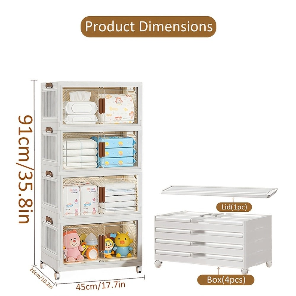 Stackable Foldable Storage Cabinet with Door – PP Plastic 1/2/3/4/5 Layer Organizer Box with Wheels & Cover | Dual-Access Home Storage for Clothes, Books, Snacks & Kitchen Supplies | Office & Garage
