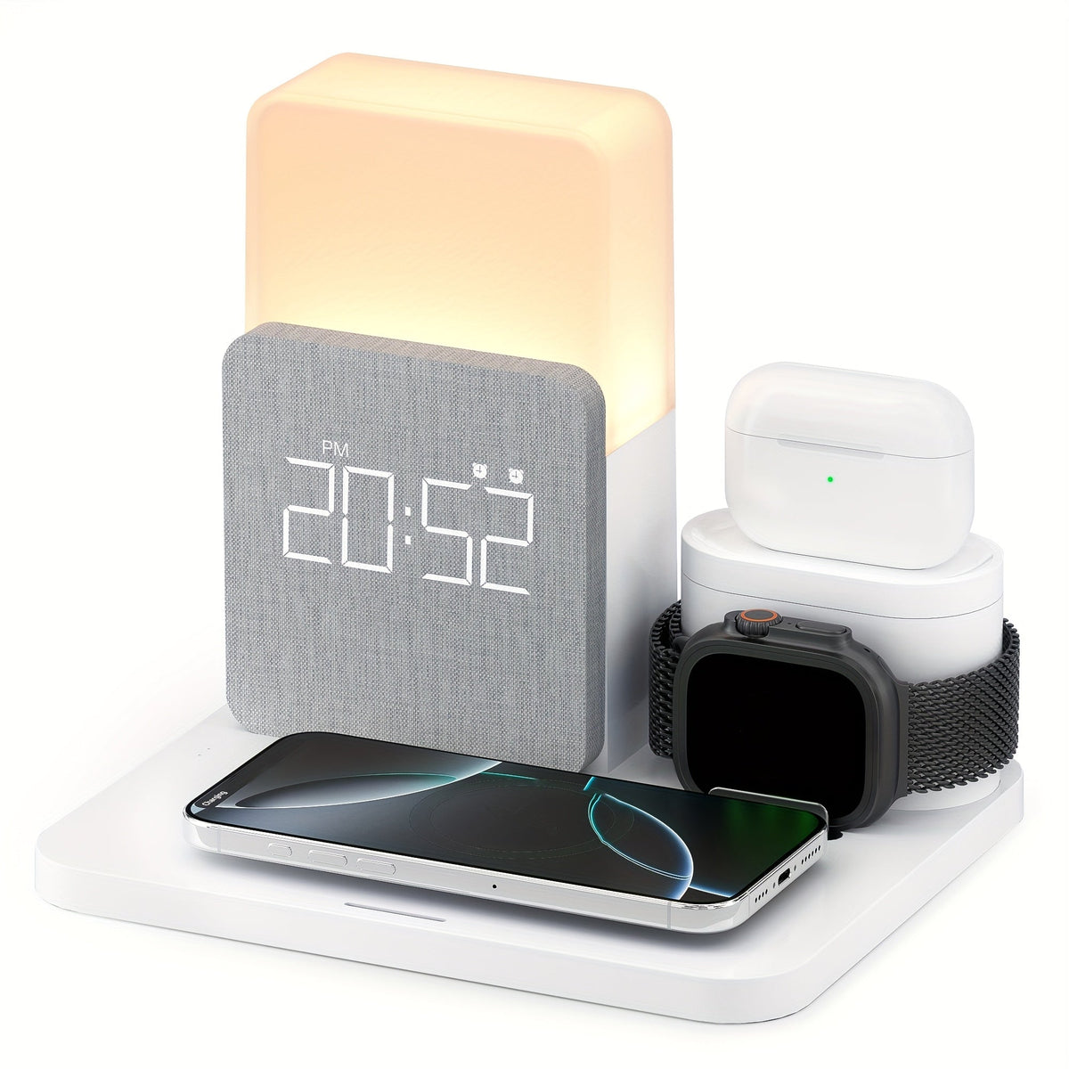 Alarm Clock 3-in-1 Wireless Charging Station with Clock Display – Bedside Charging Dock for iPhone 16 15 14 13 12 & Samsung Galaxy, Charges Phone Watch & Earbuds Simultaneously | Black White Gray