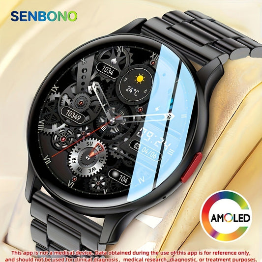 AMOLED Smartwatch for Men SENBONO 1.43" HD Bluetooth Calling, 100+ Sport Modes, DIY Custom Watch Face, Heart Rate Sleep Blood Oxygen Tracker, Long Battery, Black Mesh Steel Band – iOS Android Smart Watch
