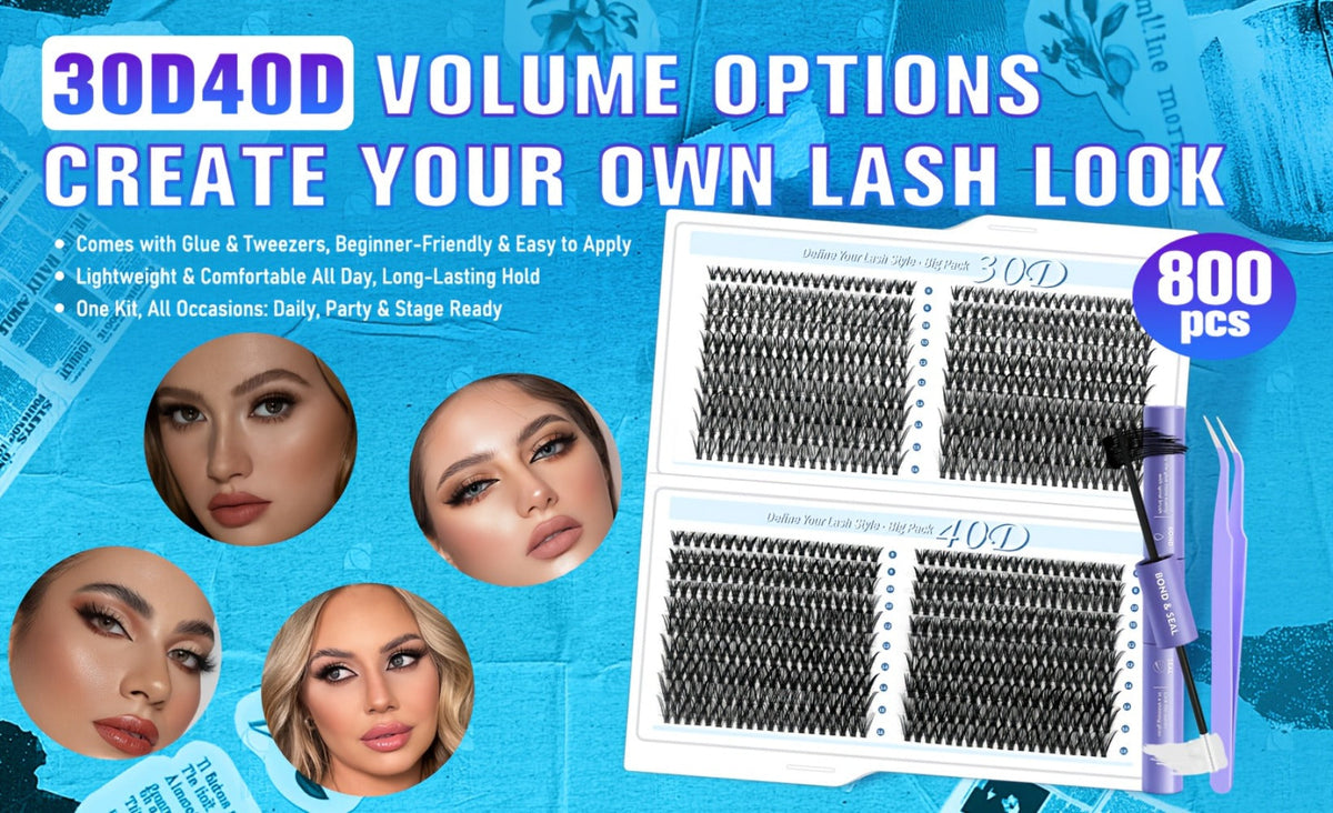800Pcs Fluffy Wispy Lash Clusters Kit — 30D 40D Mixed Length 8-16mm DIY Eyelash Extensions with 2-in-1 Bond & Seal Glue and Tweezers, Natural Long-Lasting Cluster Lashes for Everyday Wear & Events