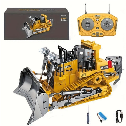 RC Bulldozer – 9-Channel 2.4GHz Remote Control Construction Vehicle with Alloy Metal Cover, Yellow