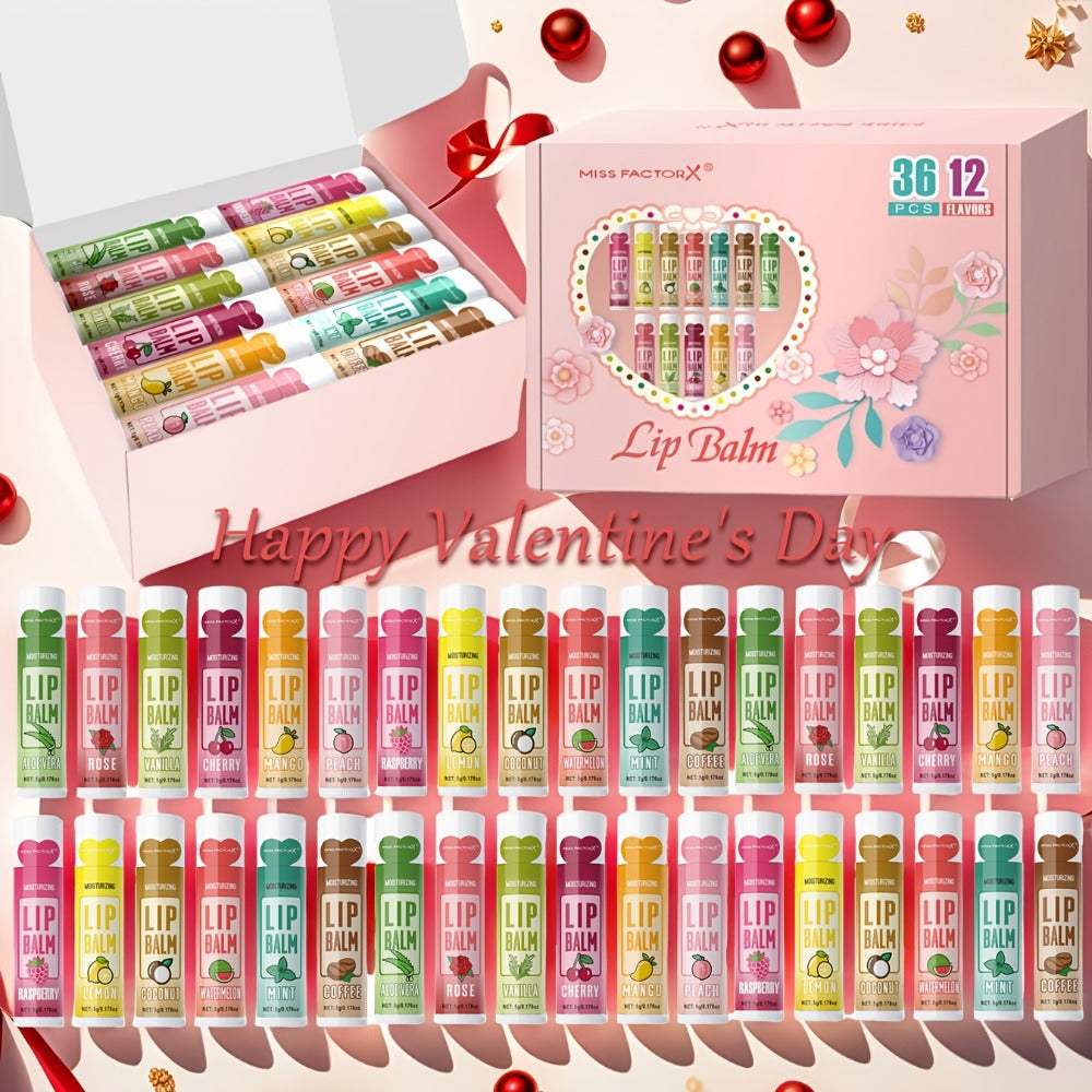 Lip Balm Set 36 Pcs Moisturizing Tinted Lip Butter with Jojoba Oil — 12 Flavors Natural Hydrating Lip Care for Dry Chapped Lips Women Adults Gift Box
