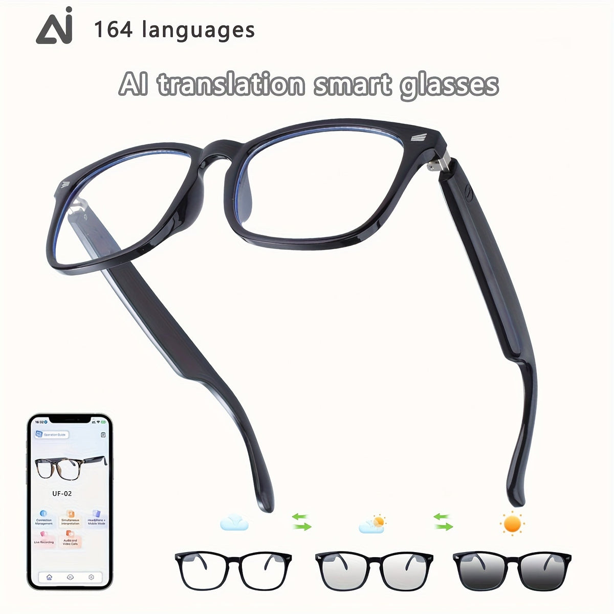 ChatGPT AI Translation Glasses with 160-Language Real-Time Translation, Photochromic Lenses, HiFi Audio & HD Calls – 19 Frame Styles, Unisex Smart Eyewear for Travel & Business