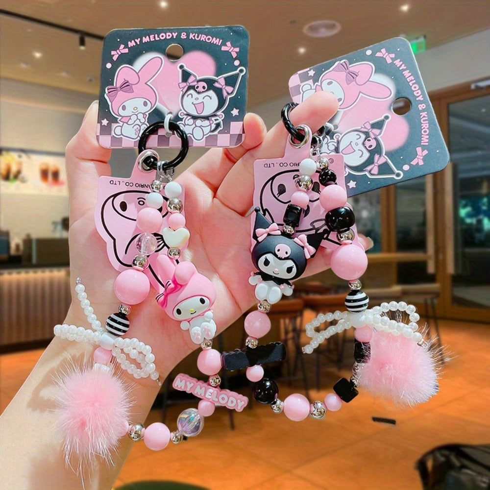 Kawaii Beaded Phone Chain Keychain Sanrio Kuromi My Melody Anime Backpack Pendant – Cute Mobile Strap Charm Accessory Gift for Girls Teens Anime Fans Collectors