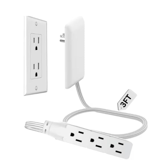 Flat Plug Extension Cord with 3 Outlets, Outlet Concealer & Cord Organizer, 3/5/8ft