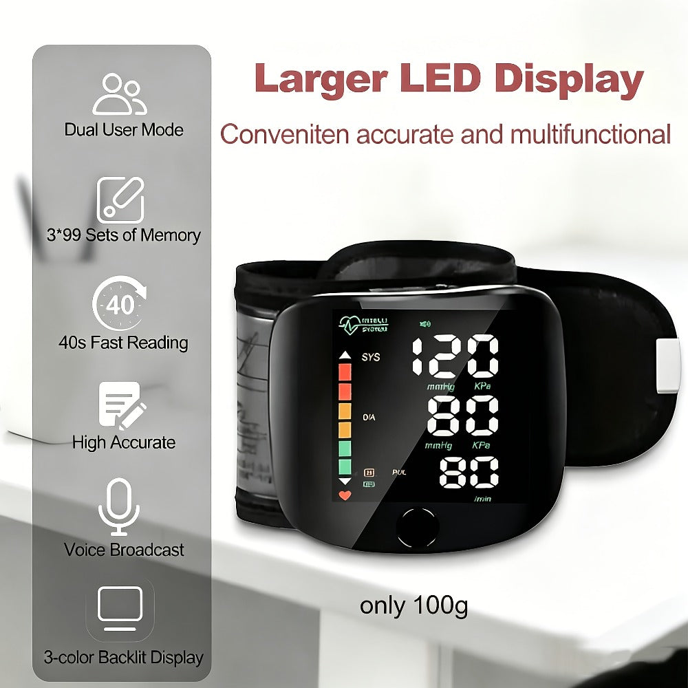 Wrist Blood Pressure Monitor with Large LCD Display – Portable Digital BP Machine with Adjustable Cuff, Pulse Rate Detection & One-Button Operation for Home Use