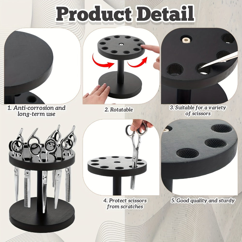 Scissor Holder Rotating 360 Degree Wooden Barber Shears Stand Organizer 10 Holes 0.71 Inch for Salon Hair Stylist Barbershop Grooming Tool Storage Countertop Display