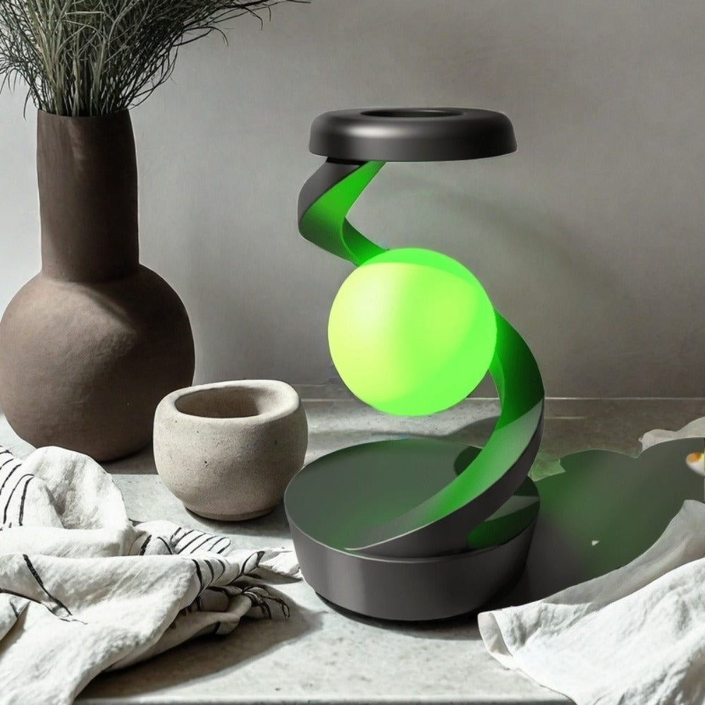 Floating Rotating Night Light with Wireless Charger – Smart Desktop Visual Levitating Lamp with Light Sensor, Hand Wave Control, Atmosphere Mood Light for Bedroom Office Party Decor, Gift (Grey/White)