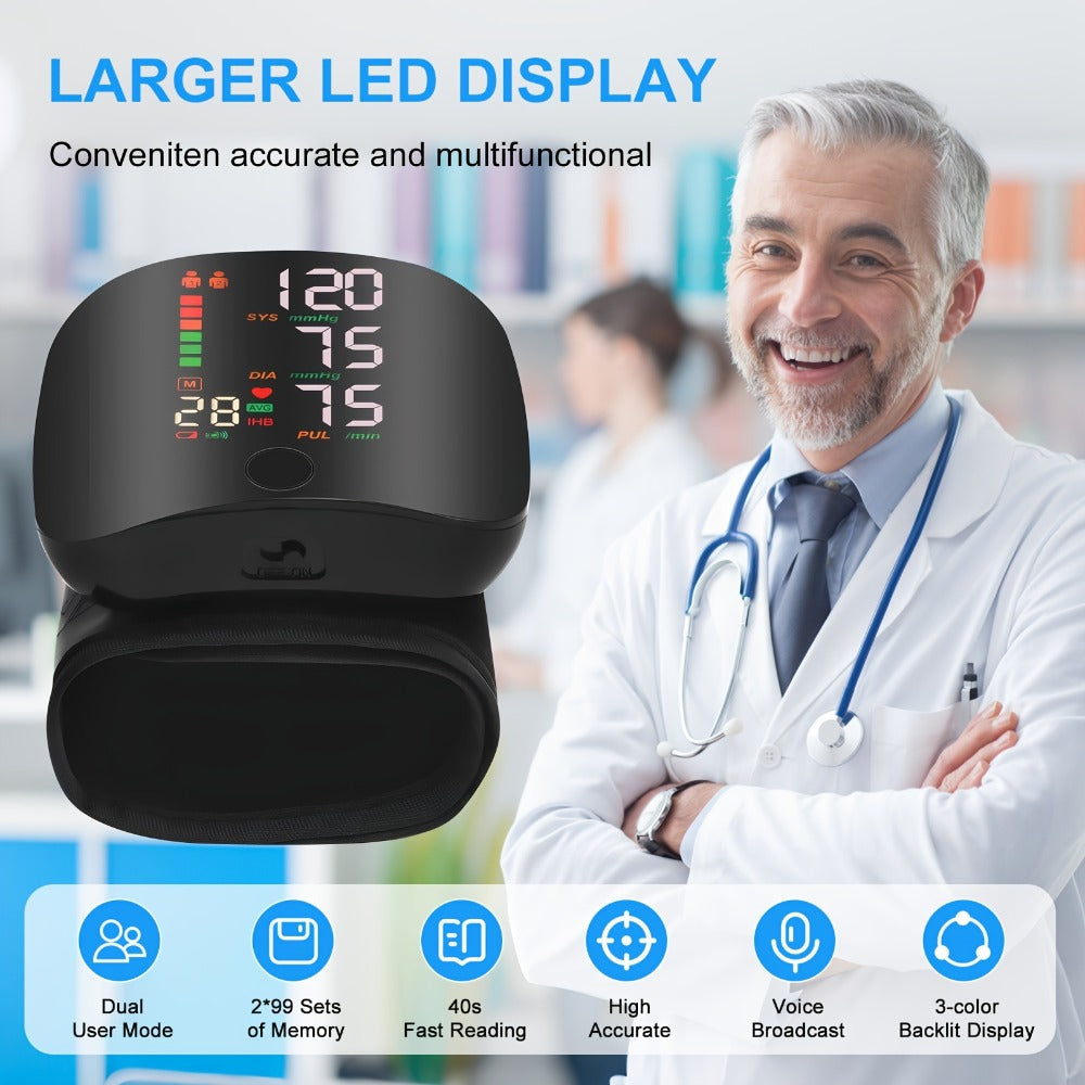 Wrist Blood Pressure Monitor with LCD Screen, Arrhythmia Alarm & Voice Playback – Adjustable Cuff, USB Charging, Gift for Family