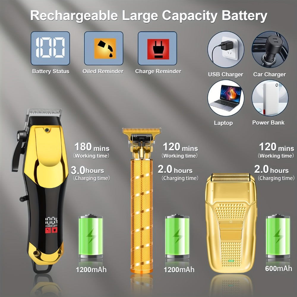 Men's Grooming Kit Hair Clipper Set USB Rechargeable LCD Display - Professional Clipper Razor T-Blade Trimmer 8 Guide Combs & Apron Complete Home Barber Kit Gold Black Gift for Men