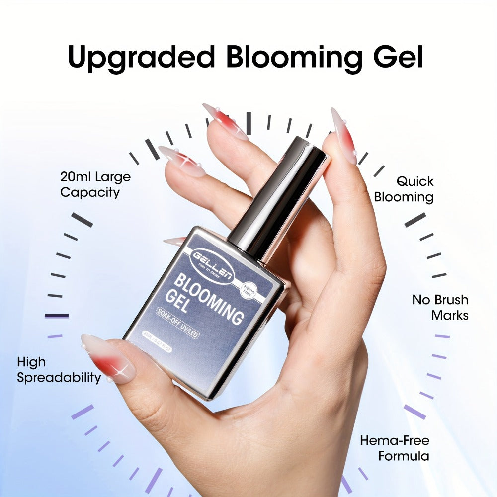 Blooming Gel Nail Art 2pcs HEMA-Free Clear Blossom Gel — Marble Watercolor Floral Tie-Dye Spreading Effect Soak-Off LED 28-Day DIY Manicure 0.68oz Each