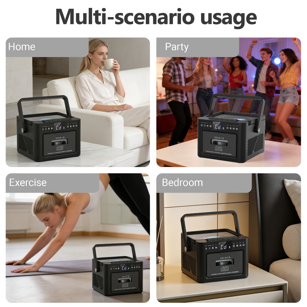 Portable Boombox CD Player with Cassette Tape, FM Radio & MP3 Player, HiFi Stereo Speaker System, 5000mAh Rechargeable Battery, USB AUX TF Card Playback, Retro All-in-One Audio System Gift