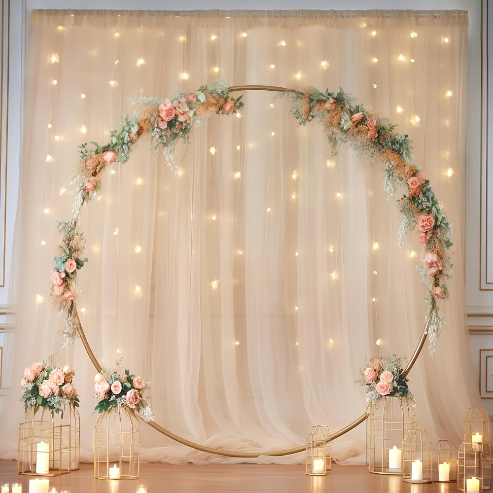 Champagne Tulle Backdrop with String Lights 5.2x10Ft 2pcs Sheer Curtain Photo Booth Props Wedding Party Background Decoration Non-Porous