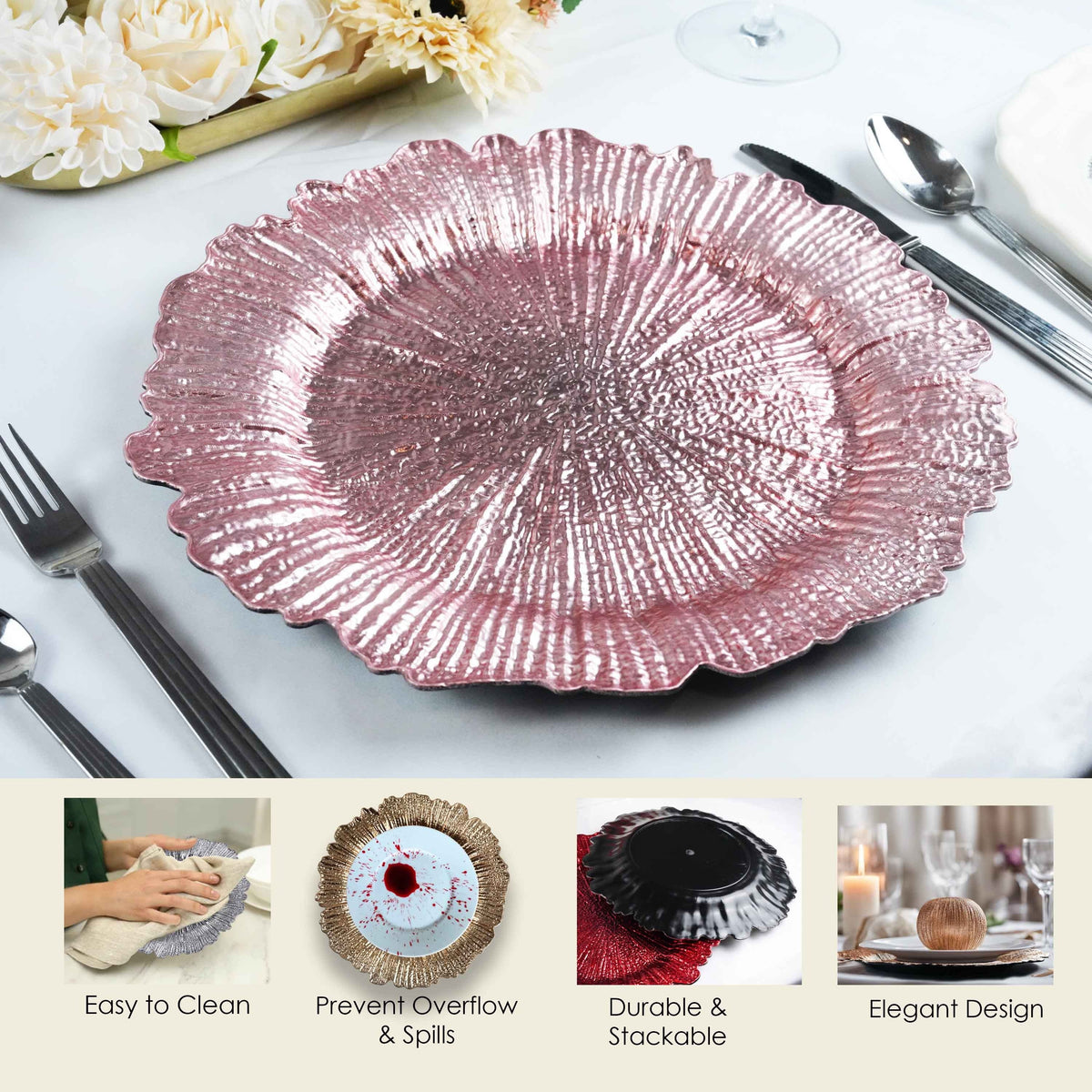 Charger Plates 13 Inch Set of 24 – Floral Reef Design Decorative Dinner Plate Chargers for Wedding Table Setting Party Banquet Reception Decor Silver Rose Gold Red