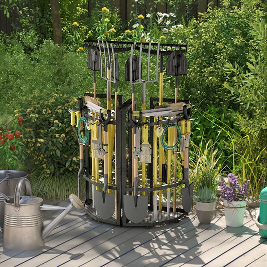 Wall-Mount Tool Organizer Rack, Metal Hooks for Shovels, Rakes & Brooms