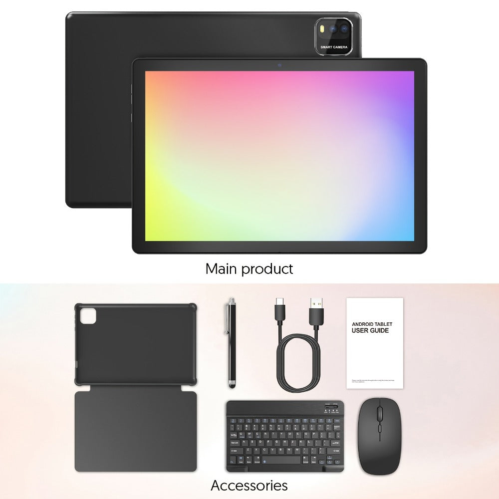 2-in-1 Android 15 Tablet 10 Inch Quad-Core 12GB RAM 64GB ROM 1TB Expandable 6000mAh Battery FHD IPS Display Dual Camera Optional Keyboard Mouse Case Stylus Three Configurations WiFi