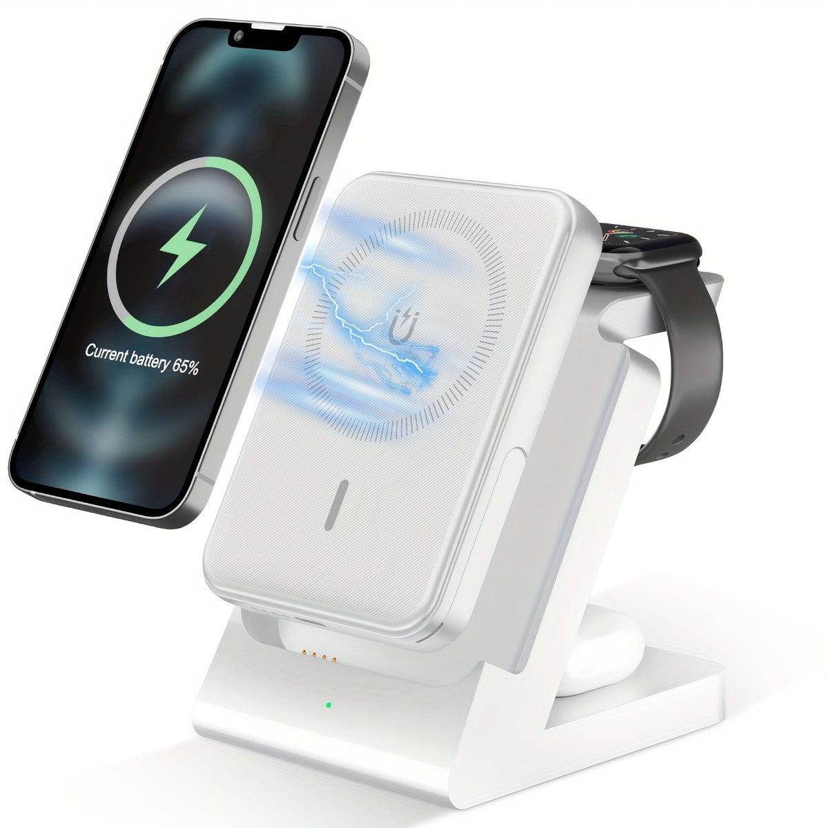 3-in-1 Wireless Charging Power Bank 15W for iPhone 17 16 15 14 13 12 Pro Max, Apple Watch Ultra Series 10 9 8 7 6 5 SE & AirPods 4 3 2 Pro – Portable Magnetic No-Outlet Travel Charger, White & Black