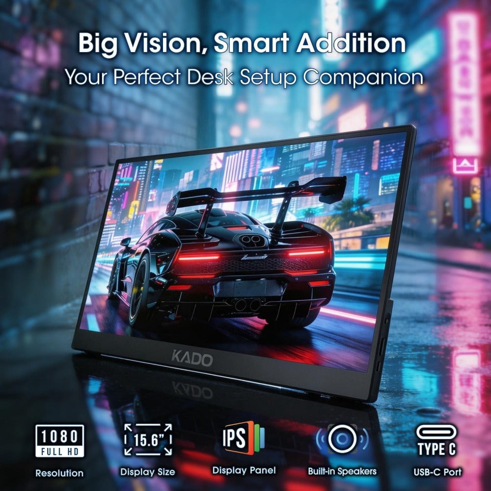 Kado 15.6" Portable Monitor IPS 1080P Full HD Dual USB-C Plug & Play, Built-In Speakers, Second Screen for Laptop PC Tablet Xbox PlayStation Switch Steam Deck Mobile DeX