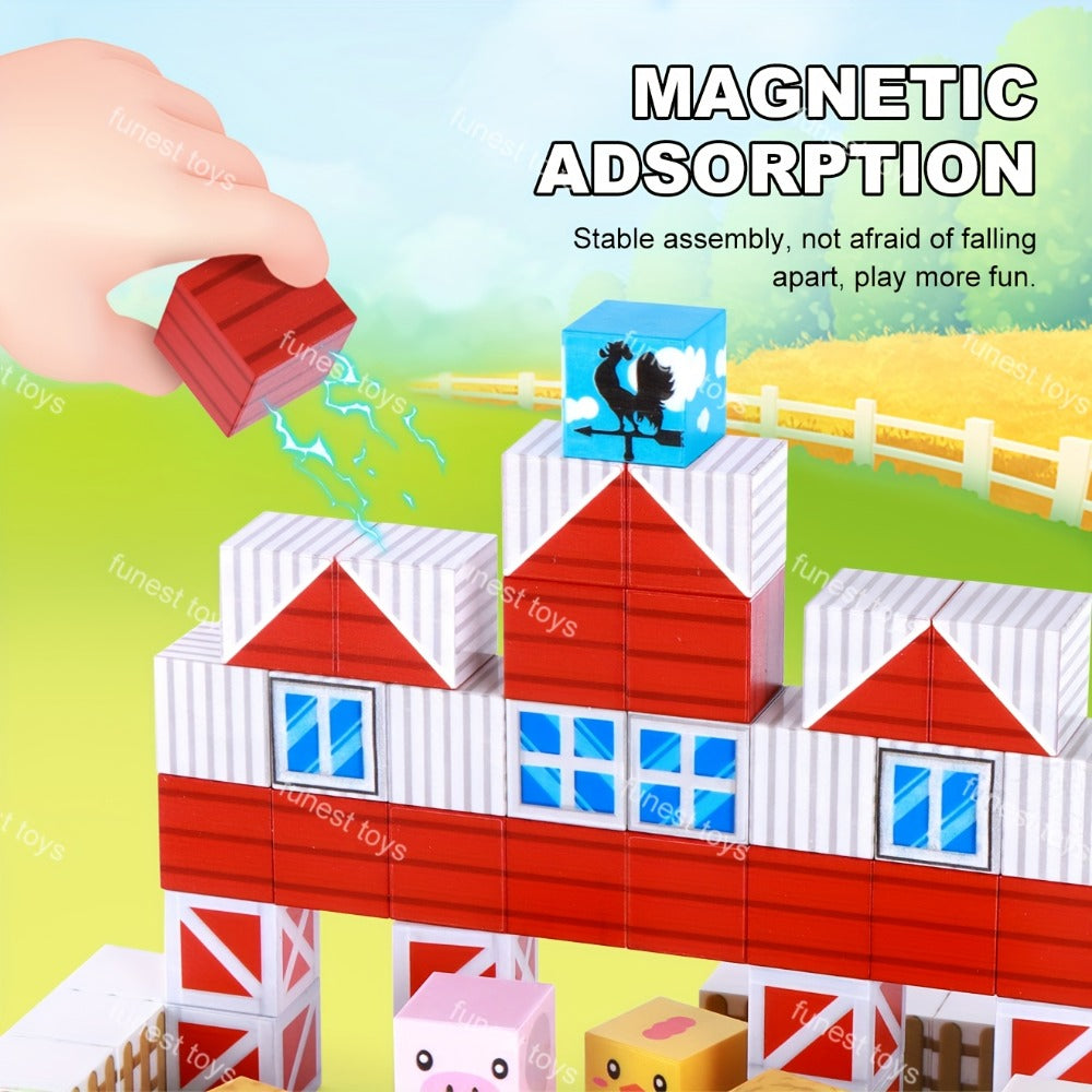54-Piece Farm Animal Magnetic Block Set with Farmer Theme Play