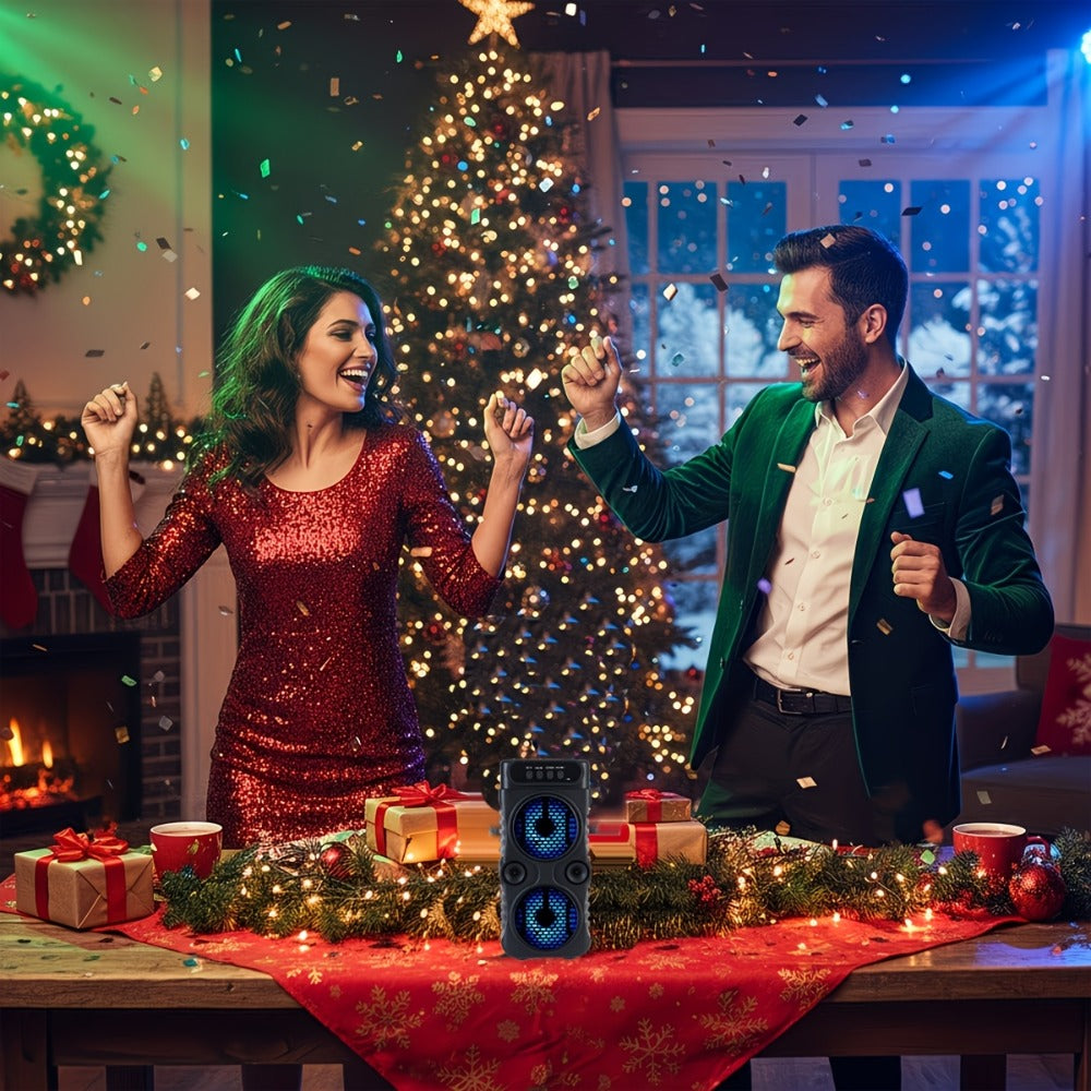 Dual Subwoofer Heavy Bass Portable Wireless Speaker with Colorful Lighting – FM Radio, MP3 Player, Supports Bluetooth, TWS, USB, AUX, TF Card & Microphone Input, Perfect for Home Parties & Holiday Gatherings