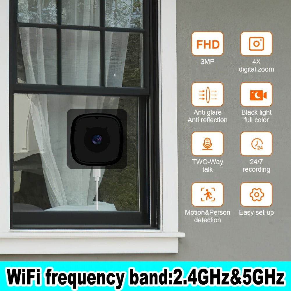 3MP FHD Window Security Camera with AI Motion Detection & Full-Color Night Vision – Dual Band 2.4G/5GHz WiFi, Wide Angle, App Control, 1/2/4 Pack for Home Office Surveillance